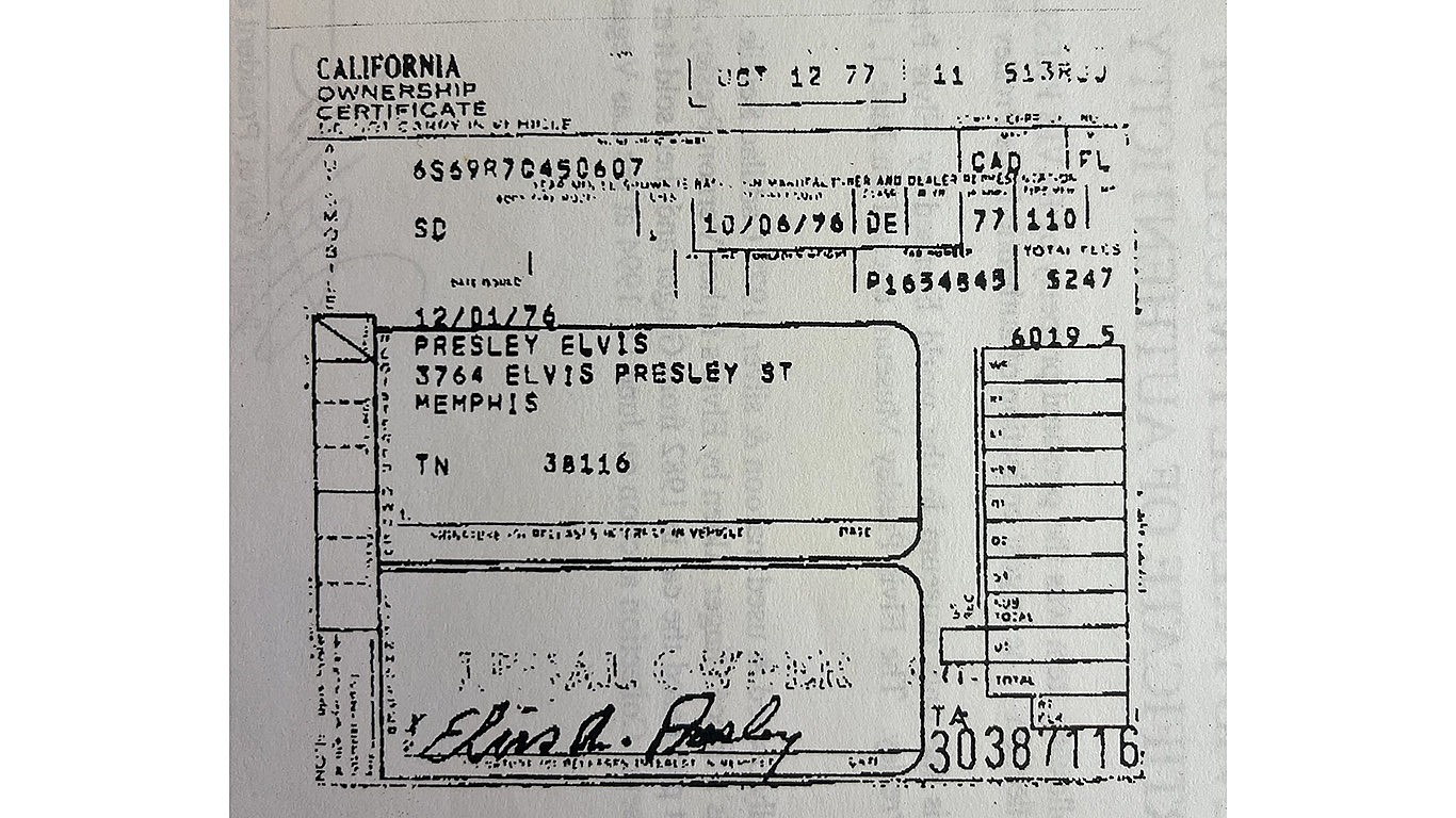 Ownership papers for Elvis Presley's 1977 Cadillac Seville