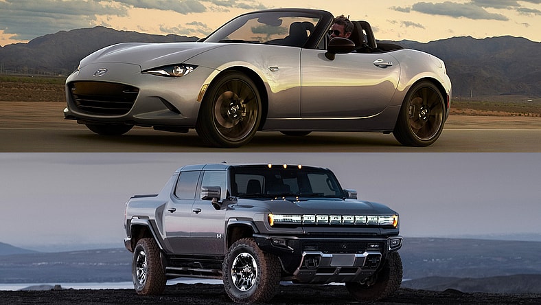 Mazda MX-5 Miata and GMC Hummer EV