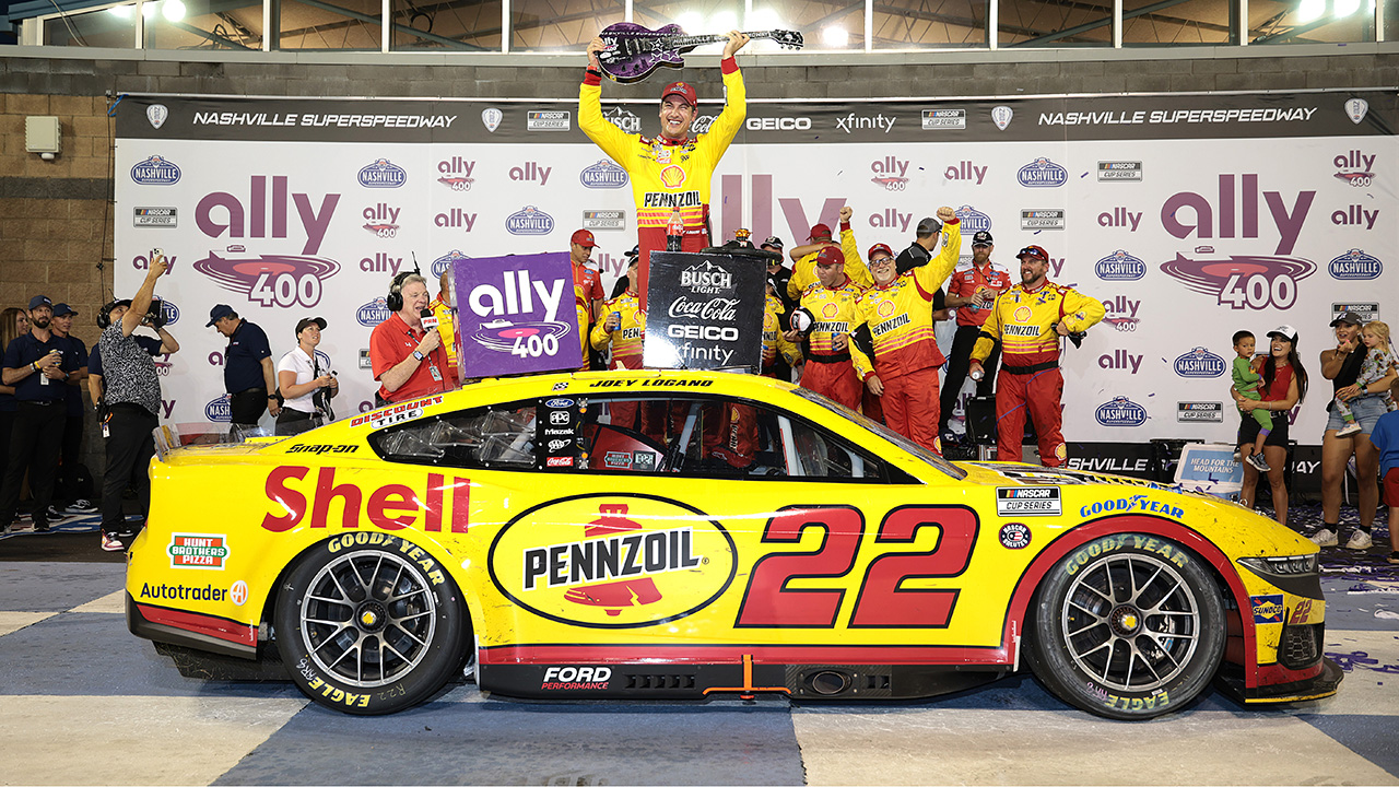 joey logano celebrates nashville win