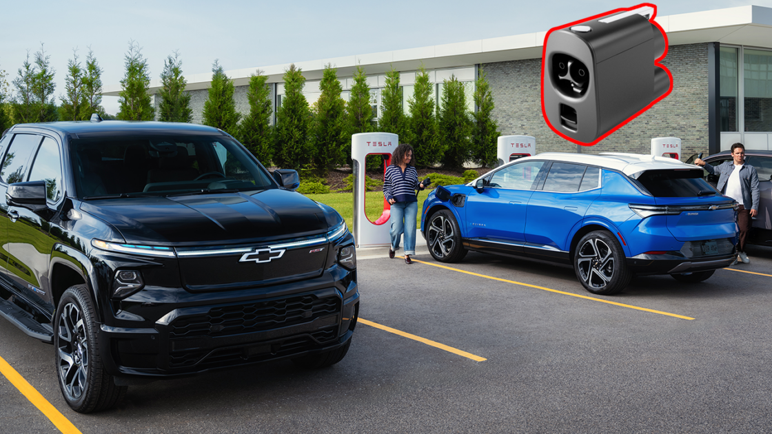 Chevrolets charging at a Tesla Supercharger and an adapter