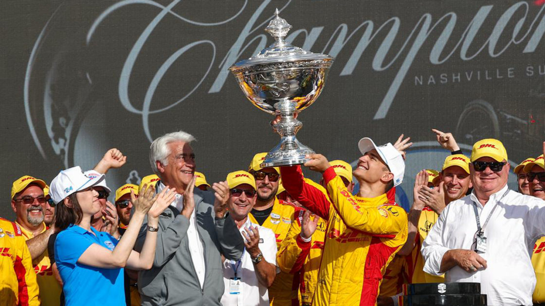 Alex Palou with the IndyCar championship trophy