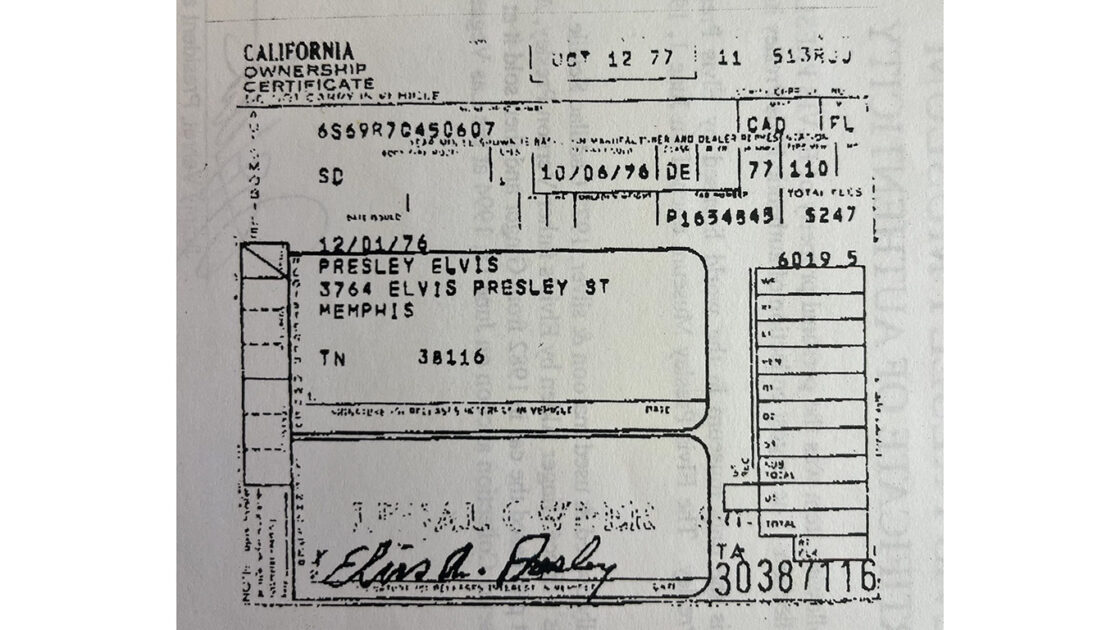 Ownership papers for Elvis Presley's 1977 Cadillac Seville