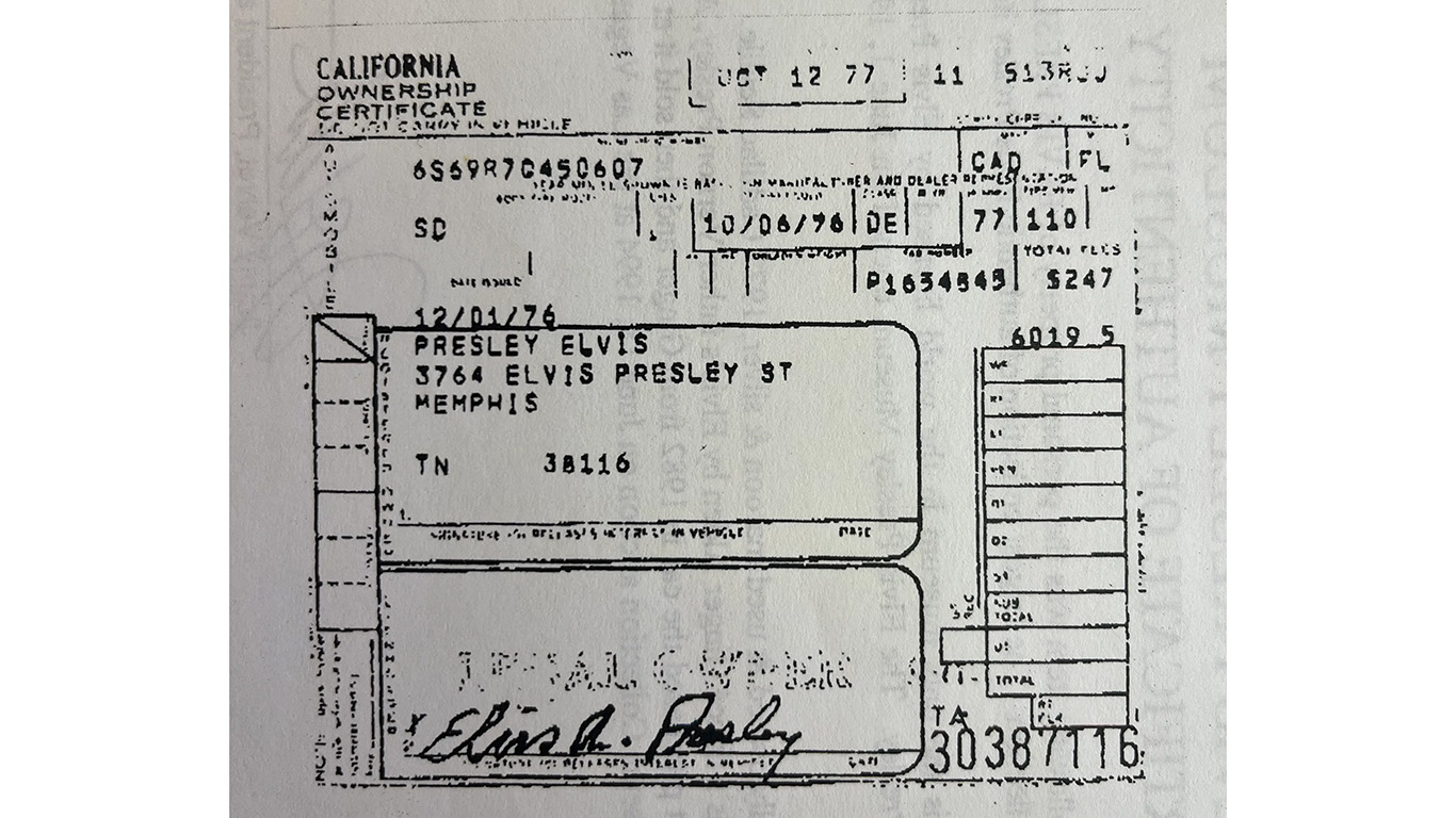 Ownership papers for Elvis Presley's 1977 Cadillac Seville