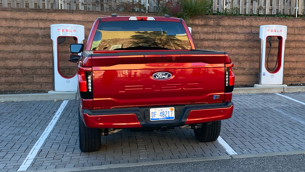 The F-150 Lightning at a Tesla Supercharger