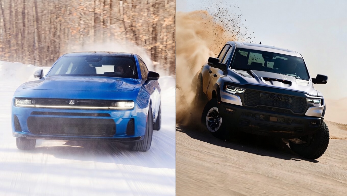 A Dodge Charger and Ram 1500