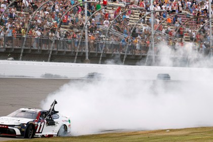 Denny Hamlin doing a burnout.