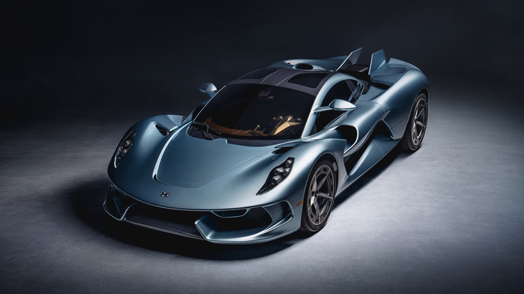The Hennessey Blackbird parked in a spotlight.