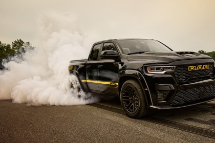 The Ram 1500 Rumble Bee 392 with Direct Connection supercharger kit doing a burnout.